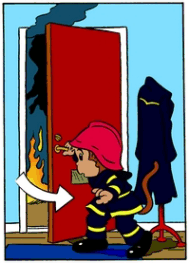 Tecknad bild som visar när Flammy ser en brand i trapphuset.