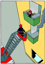 Tecknad bild som visar Flammy på balkongen och inväntar hjälp från räddningstjänsten.