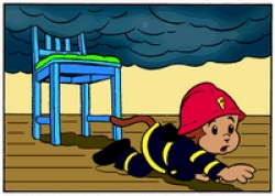 Tecknad bild som visar att Flammy kryper under röken.
