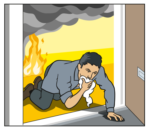 Illustration showing a person crawling out from a room with fire and smoke.