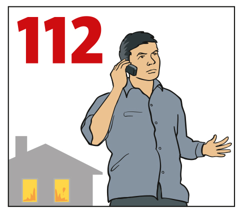 Illustration showing a person outside a burning buildning calling 112.
