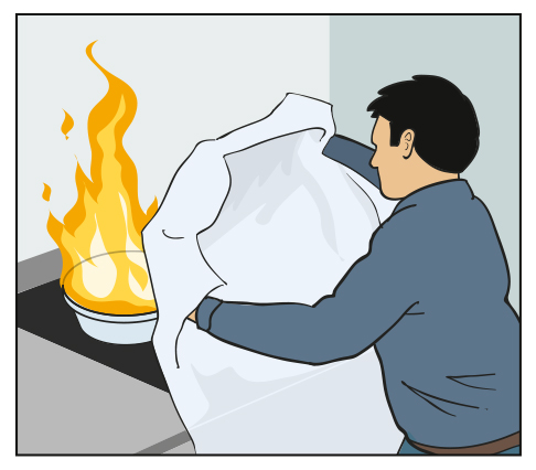 Illustration showing a person using a fire blanket on a fire on the stove.