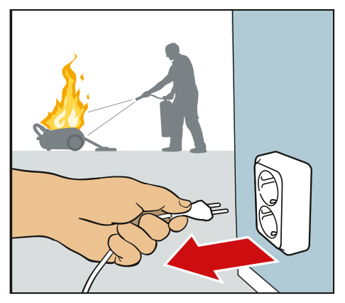 Illustration showing a hand unplugging a vacuum cleaner on fire.