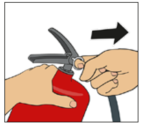 Illustration showing hands pulling out the pin on a fire extinguisher.