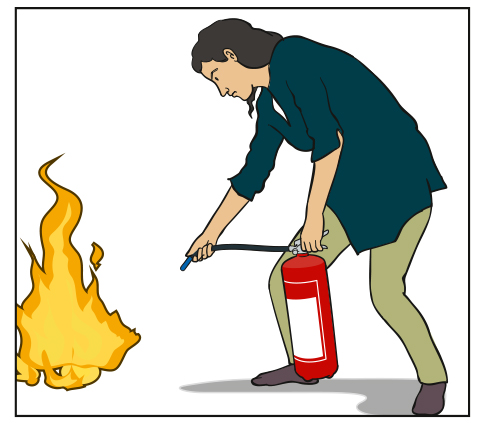Illustration showing a person aiming at the base of a fire with the fire extinguisher.