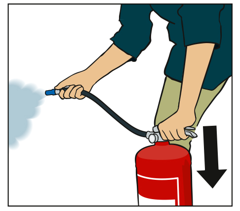 Illustration showing person squeezing the handle on the fire extinguisher.