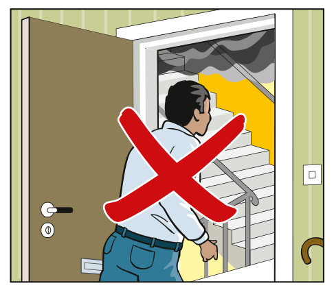 Illustration showing a red cross over a person walking out to a stairwell filled with smoke.