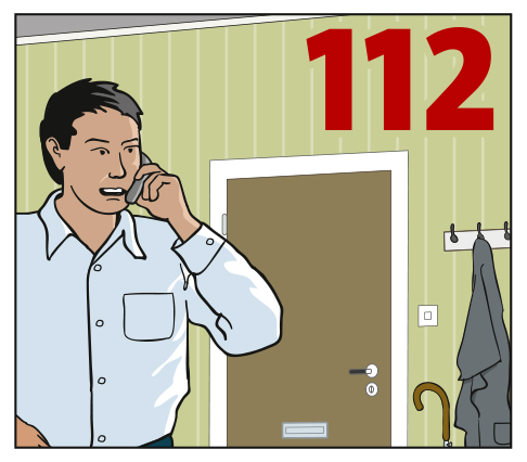Illustration showing a person calling 112 with a closed door.