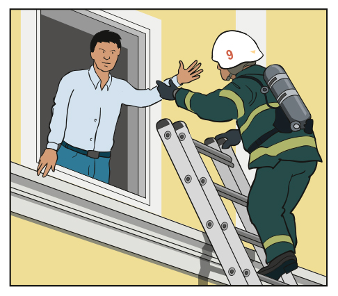 Illustration showing a person being rescued through the window by a fireman.