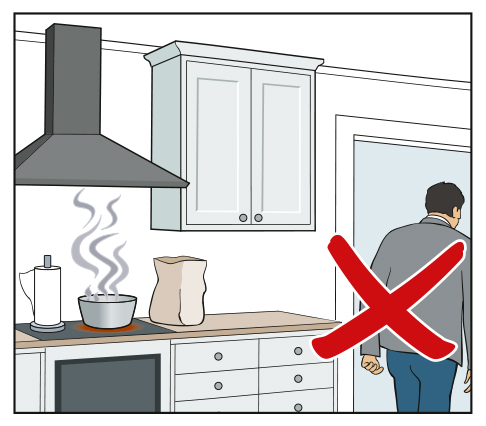 Illustration showing things that can catch fire on the stove and a red cross over a person leaving the room.