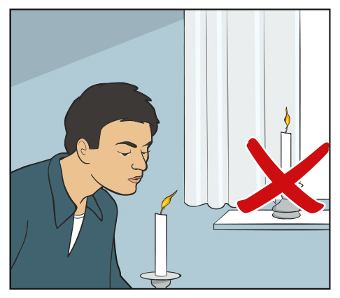 Illustration showing a person blowing out a candle. Another candle is placed by the curtain with a red cross over.