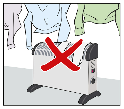 Illustration showing clothes on an elecrtric radiator with a red cross over.