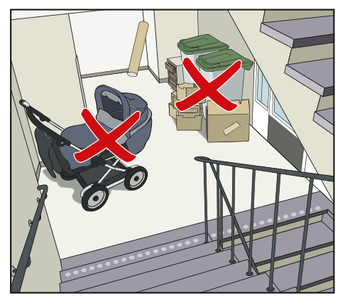Illustration showing red crosses ove boxes, recycle bins and prams in a stairwell.