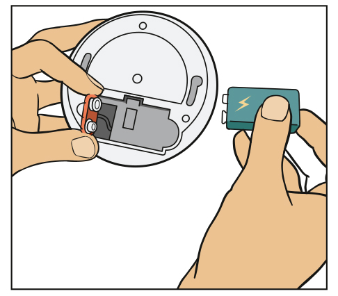Illustration showing hands changing battery on a smoke detector.