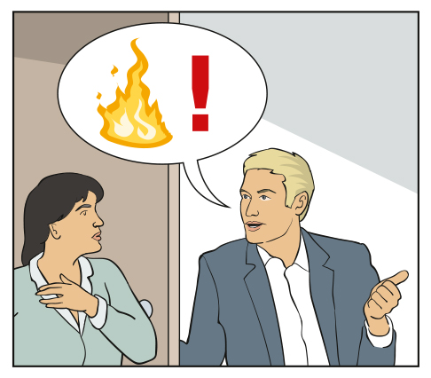 Illustration showing two people, inside a speech bubble there is a fire and a exclamation mark.