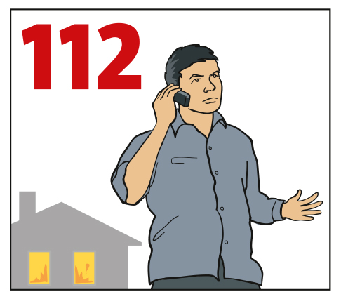 Illustration showing a person outside a burning buildning calling 112.