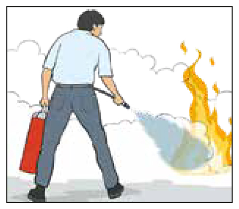 Illustration showing a person using a fire extinguisher.